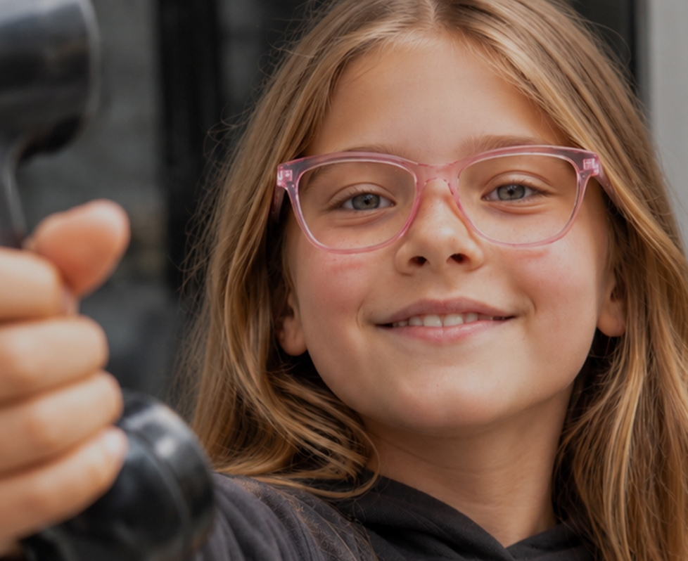 Enfant souriante portant des lunettes de vue à monture rose