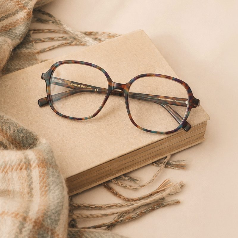 Monture Droit de Regard en acétate écaille multicolore posée sur un livre