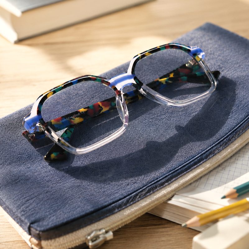 Monture Droit de Regard en acétate multicolore et cristal sur une trousse